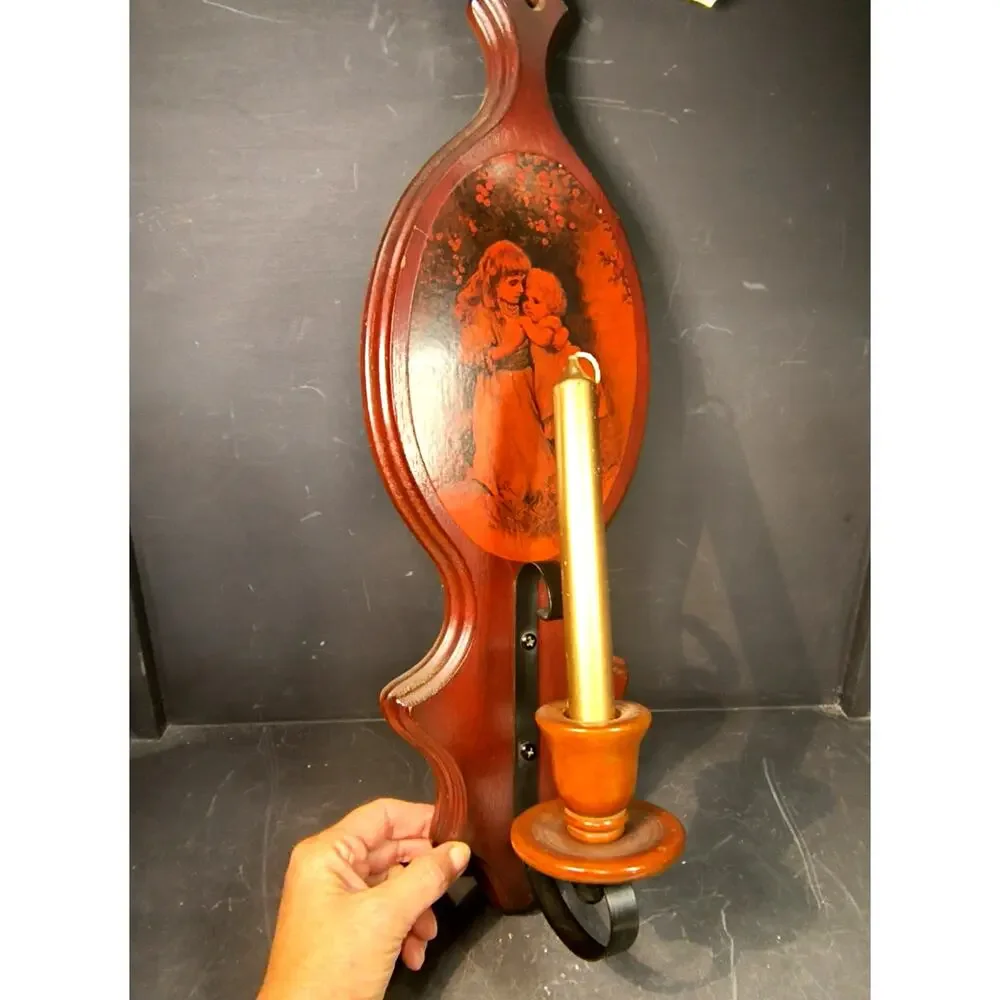 1815.  Wooden Wall Candle Sconce Decoupage Age of Innocence Wrought Iron